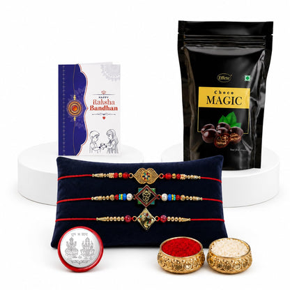 Golden Color Rakhi for Brother with Choco Magic Pouch, Coin & Card, Pack of 7