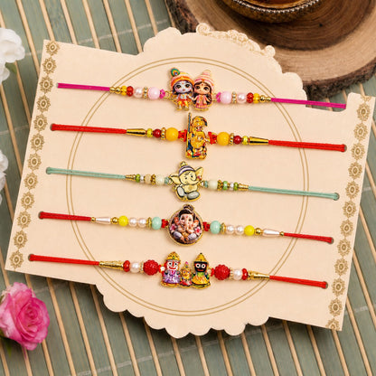 Designer Radiant Rakhi for Brother with Roli Tikka, Pooja Coin & Card, Pack of 8