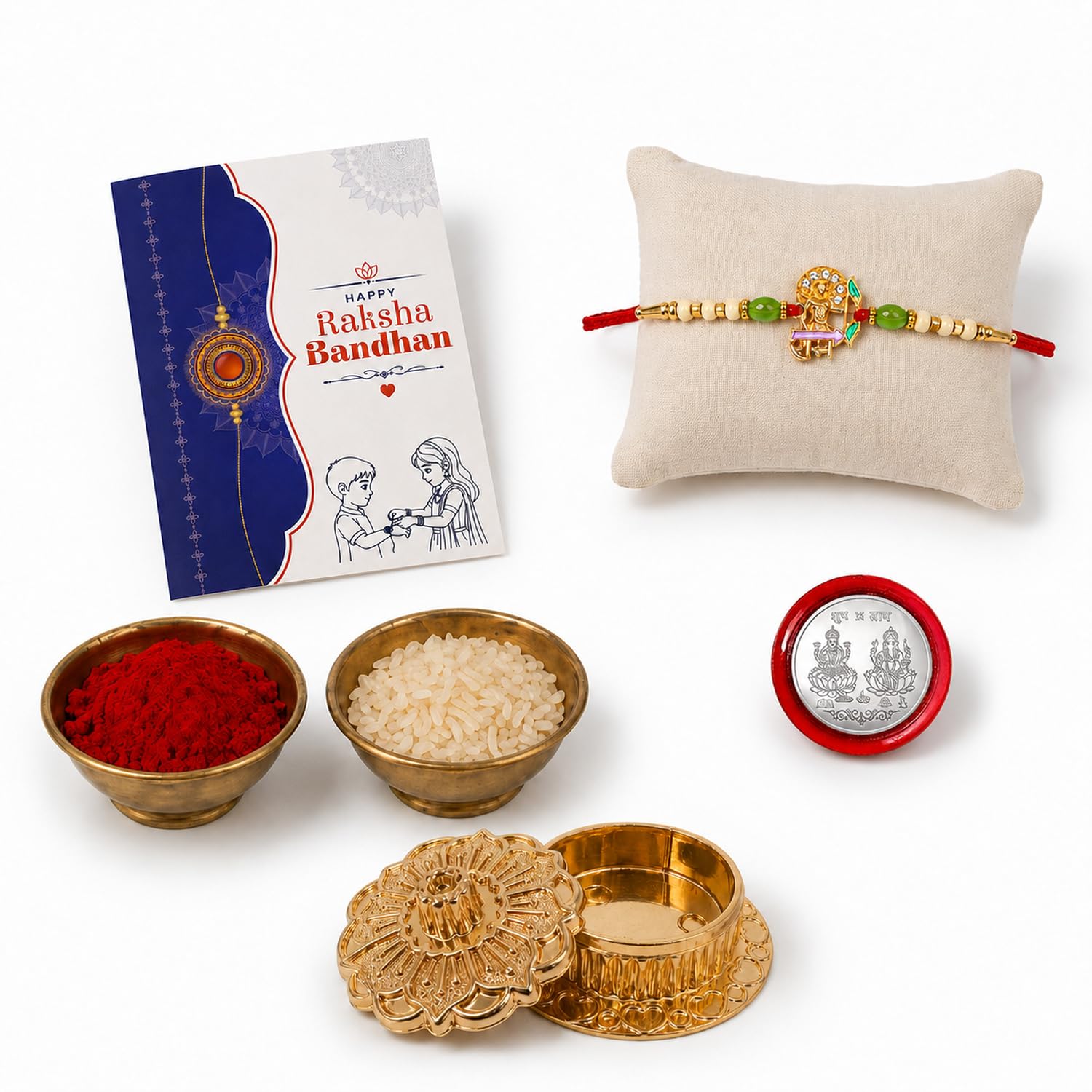 Ram Multicolor Rakhi for Brother & Bhaiya with Golden Pooja Kankavati | Pack of 5