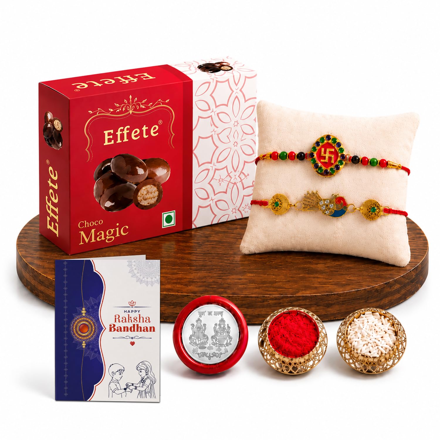 Peacock Rakhi for Brother with Chocolate Magic 32gm, Roli Tikka & Card, Pack of 6