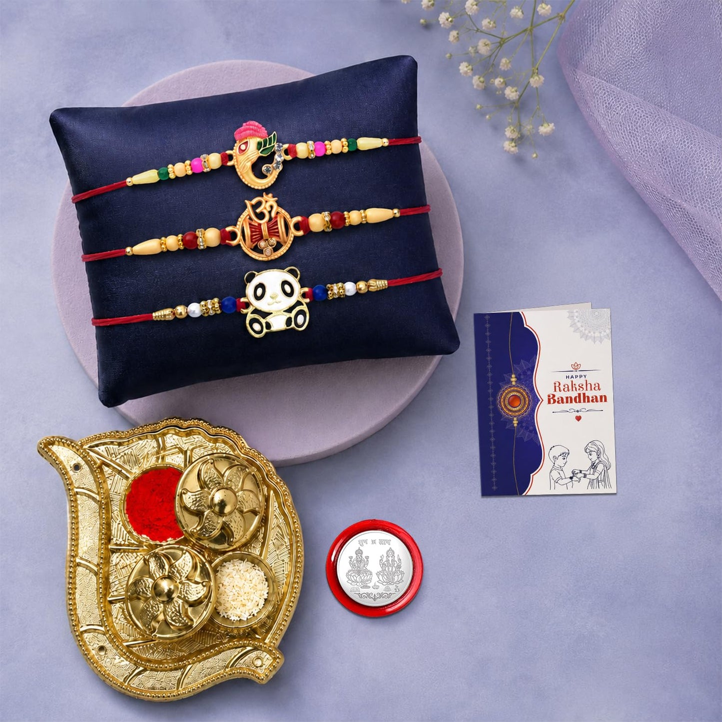 Ganesha Rakhi for Brother with Pooja Thali, Roli Tikka & Card | Pack of 7