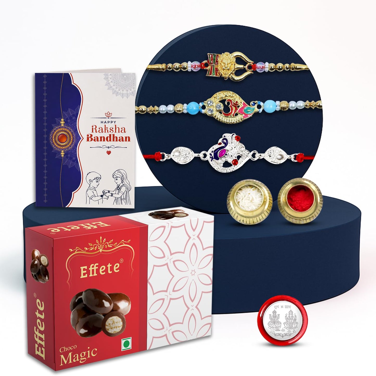 Lion Charm Rakhi for Brother with Choco Magic 32gm, Roli Tikka & Card, Pack of 7