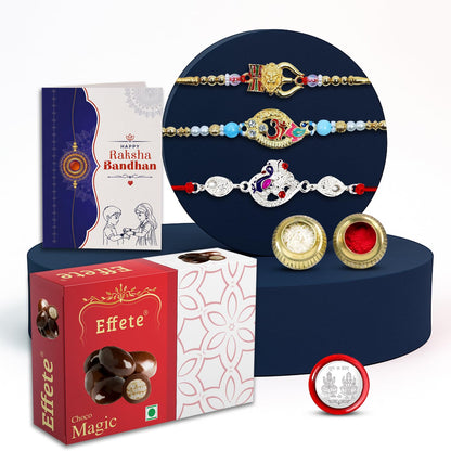 Lion Charm Rakhi for Brother with Choco Magic 32gm, Roli Tikka & Card, Pack of 7