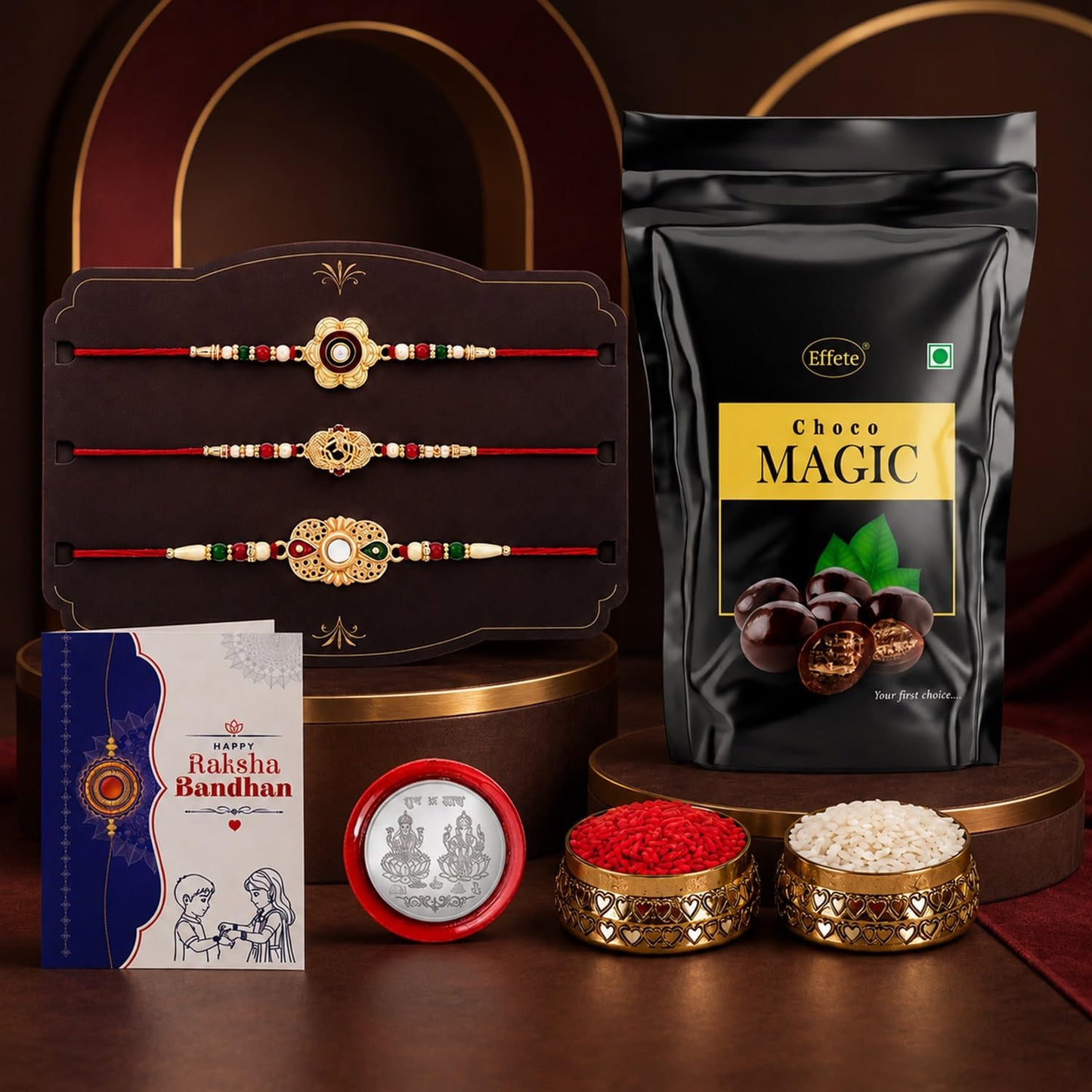 Designer Elegant Multicolor Rakhi for Brother with Choco Magic Pouch | Pack of 7