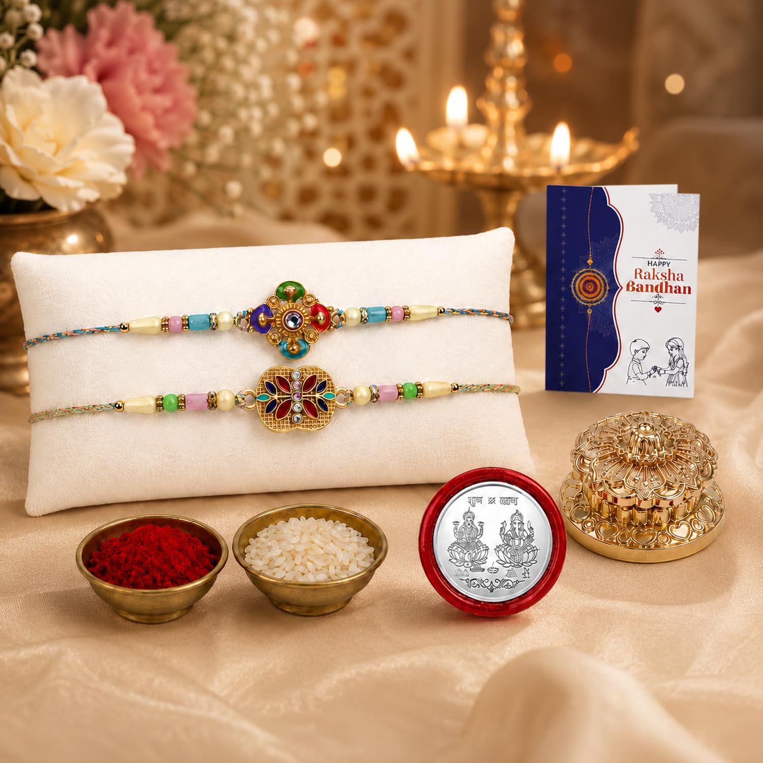 Rainbow color, Golden Color Multicolor Rakhi for Brother & Bhaiya | Pack of 6