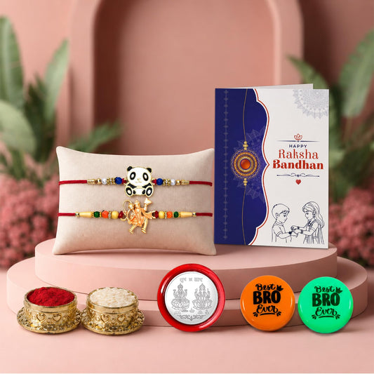 Multicolor Kids Rakhi, Hanuman Ji Rakhi Combo with Decorative Magnets 2pcs, Roli Chawal, Silver Color Pooja Coin & Greeting Card, Fancy Rakhi for Brother, Pack of 7 For Raksha Bandhan
