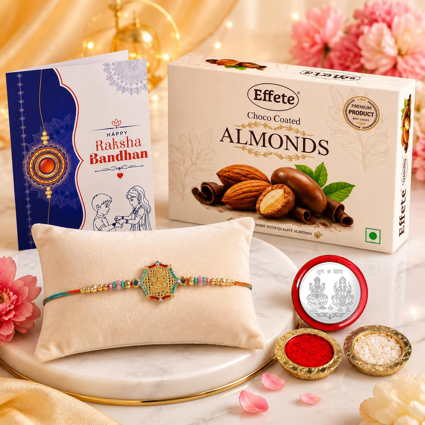 Ganu Ji Rakhi for Brother with Choco Almonds 32gm, Roli Chawal & Card, Pack of 5