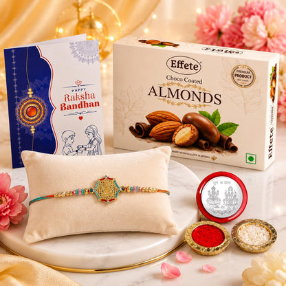 Ganu Ji Rakhi for Brother with Choco Almonds 32gm, Roli Chawal & Card, Pack of 5