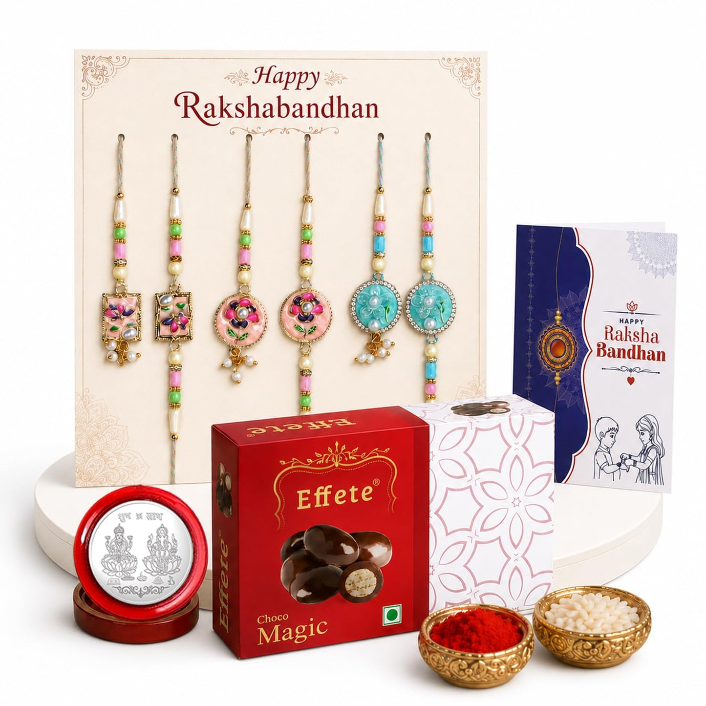 Designer Rakhi for Brother with Choco Magic 32gm, Roli Tikka & Card, Pack of 7