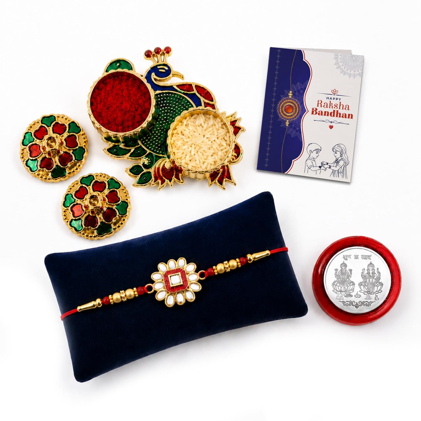 Flower Multicolor Rakhi for Brother & Bhaiya with Peacock Shape Pooja | Pack of 5