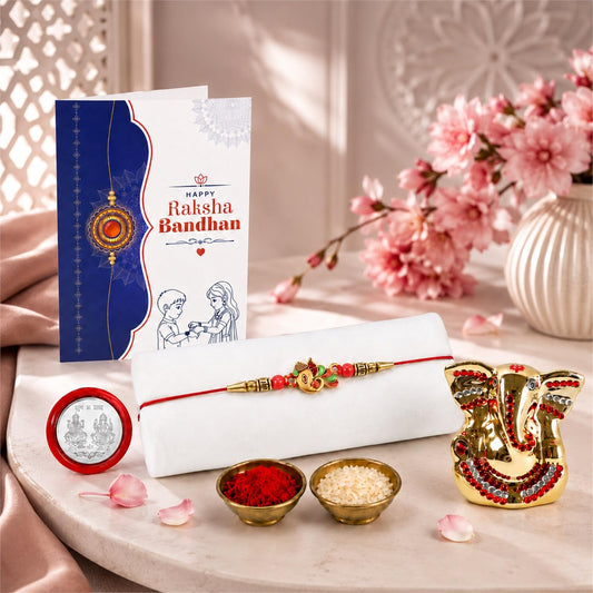 Rakhi for Brother – Ganesh Idol Beautiful Rakhi with Silver Color Pooja Coin, Roli Chawal and Greeting Card for Traditional Raksha Bandhan Festival Celebration for Bhai (Pack of 4)