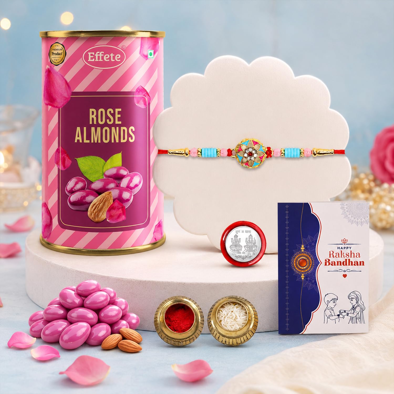 Designer Combo Rakhi for Brother with Rose Almond 96gm, Coin & Card, Pack of 5