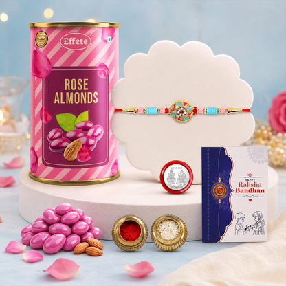 Designer Combo Rakhi for Brother with Rose Almond 96gm, Coin & Card, Pack of 5