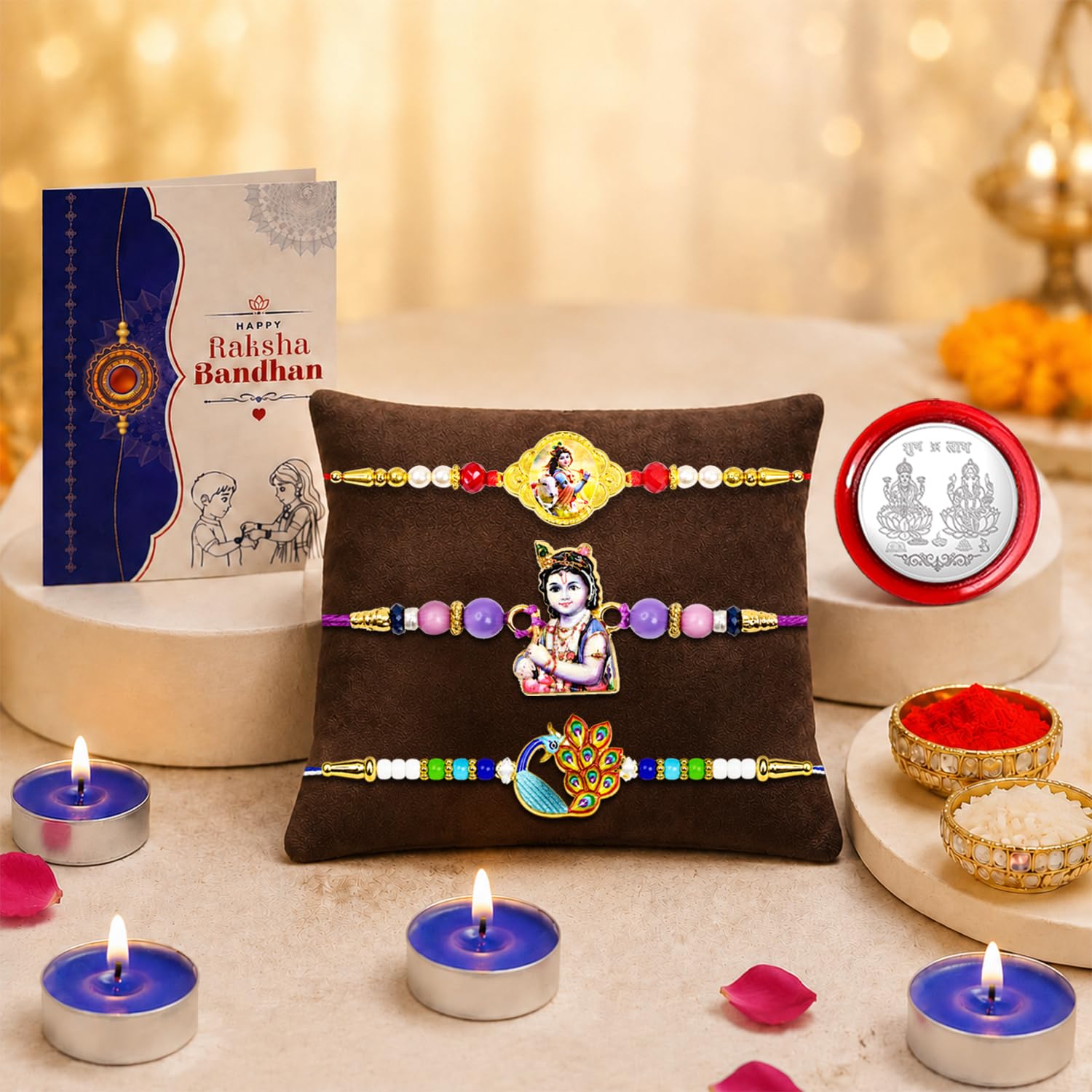 Krishna Rakhi for Brother with Candles 4pcs, Roli Tikka & Card, Pack of 7