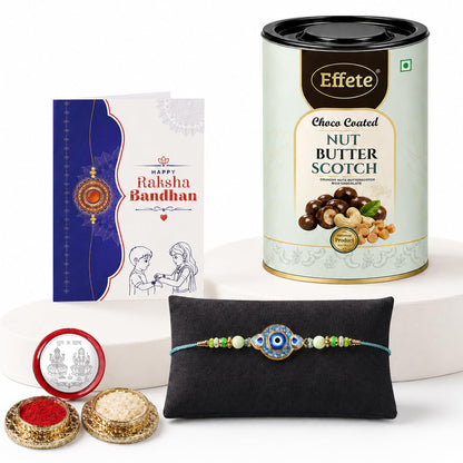 Evil Eye Rakhi for Brother with Butter Scotch 96gm, Roli Tikka & Card, Pack of 5