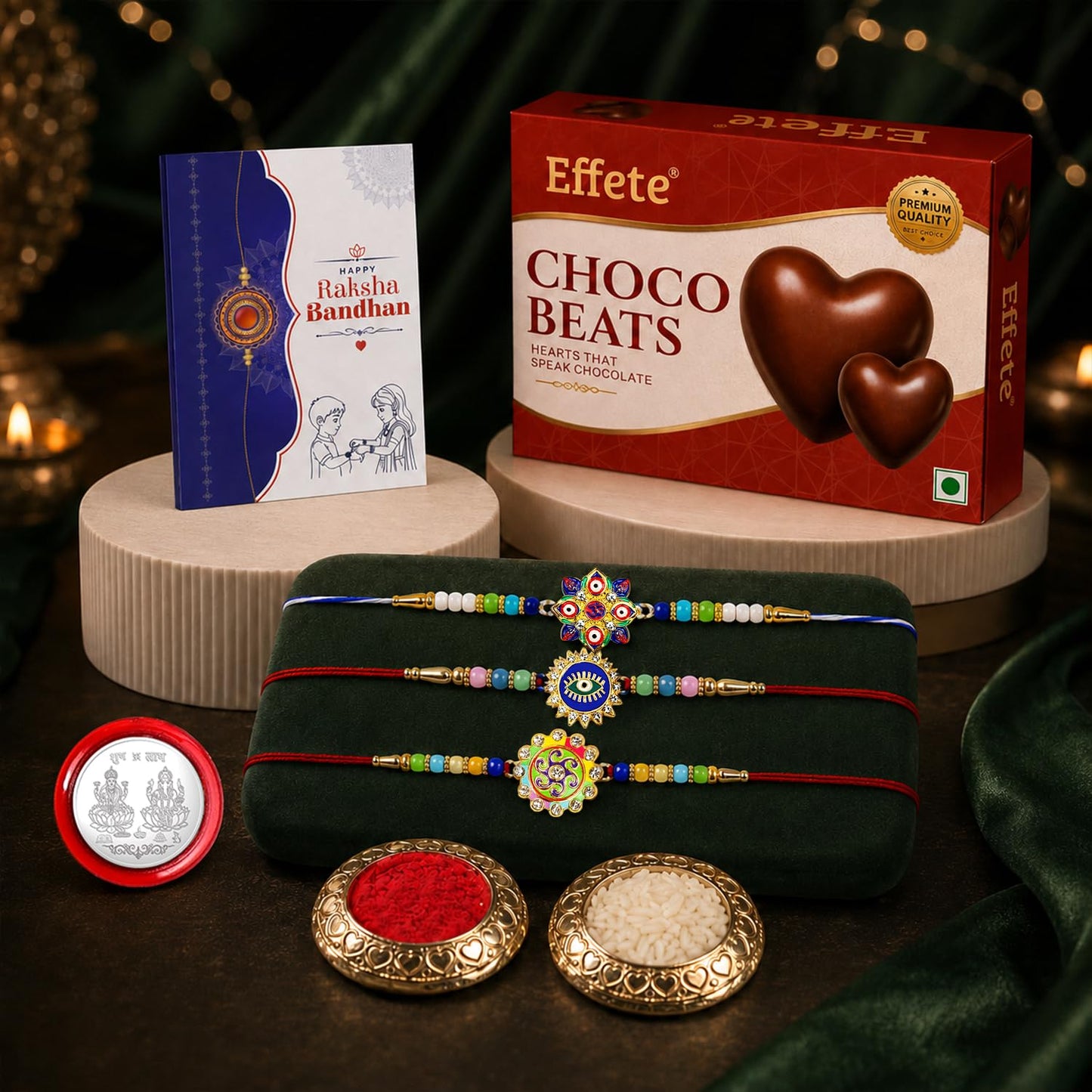 Evil Eye, OM, Evil Eye Rakhi Combo - Raksha Bandhan Gift with Choco Beats 32gm, Pack of 7