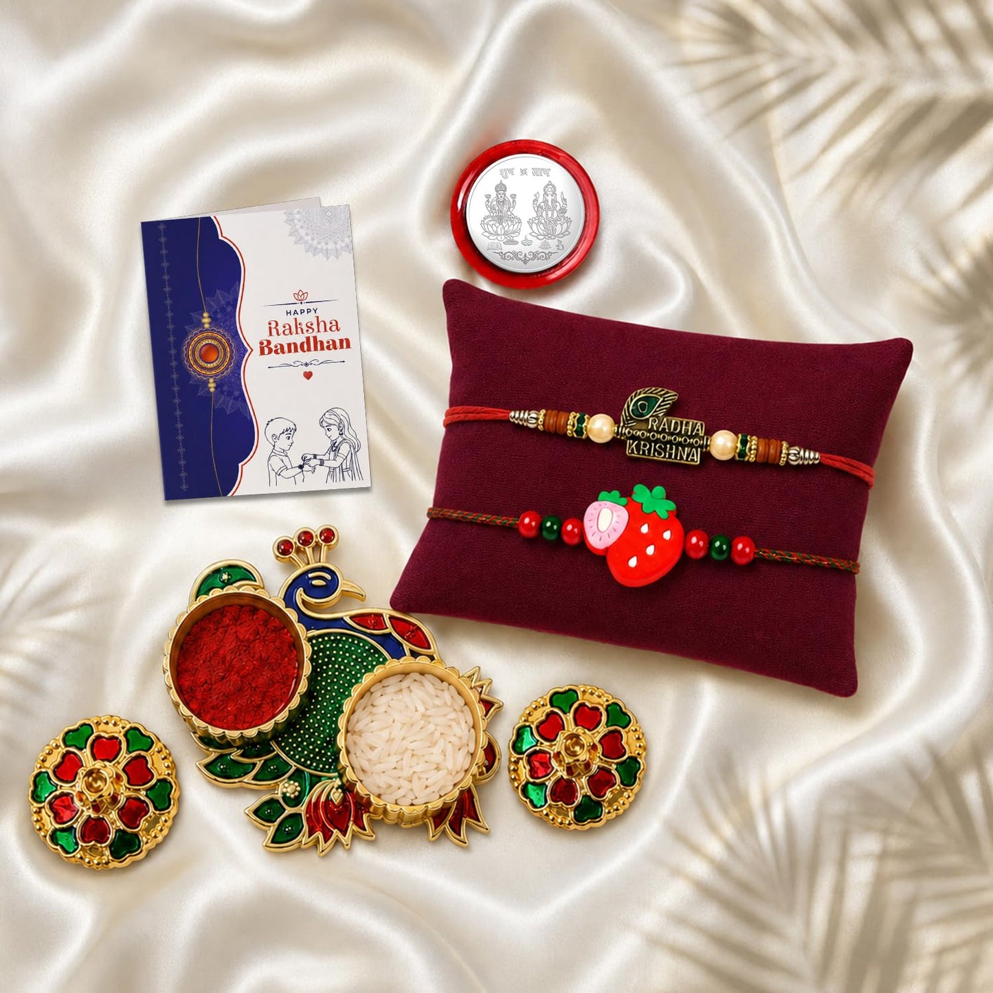 Multicolor Strawberry Bracelet/Rakhi & Peacock Shape Pooja Thali with Silver Color Pooja Coin, Tikka/Tilak Set & Greeting Card, Rakhi Gift Hamper (Pack of 6) For Raksha Bandhan