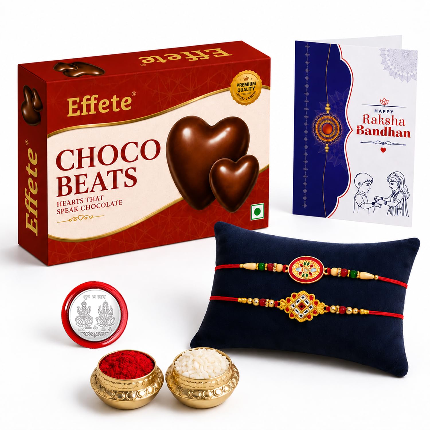 Oval Rakhi for Brother with Chocolate Beats 32gm, Roli Tikka & Card, Pack of 6
