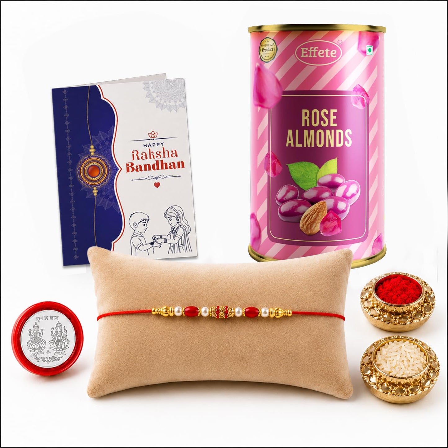 Simple Rakhi for Brother with Rose Almond 96gm, Roli Tikka & Card, Pack of 5
