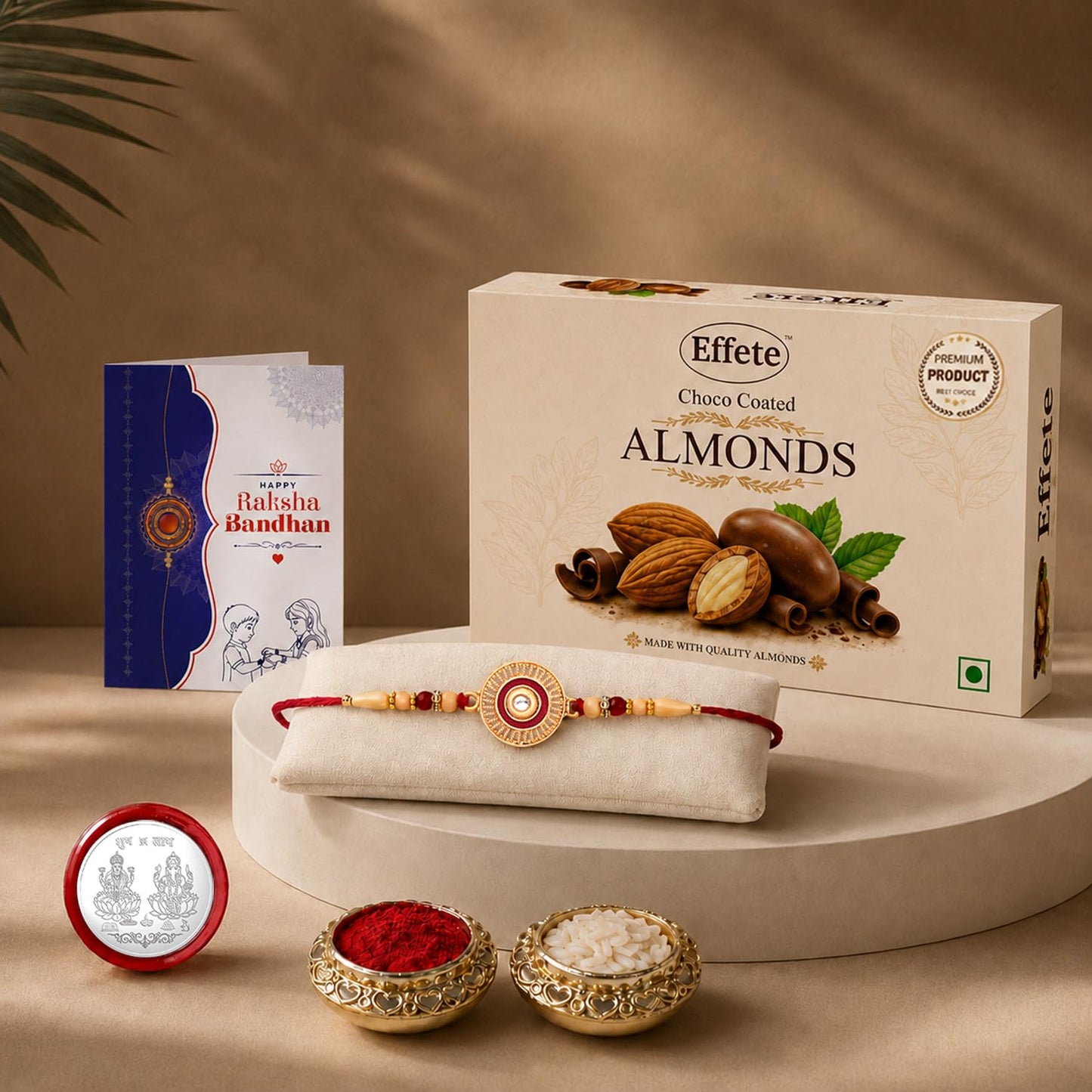 Chakra Rakhi for Brother with Choco Almonds 32gm, Roli Chawal & Card, Pack of 5