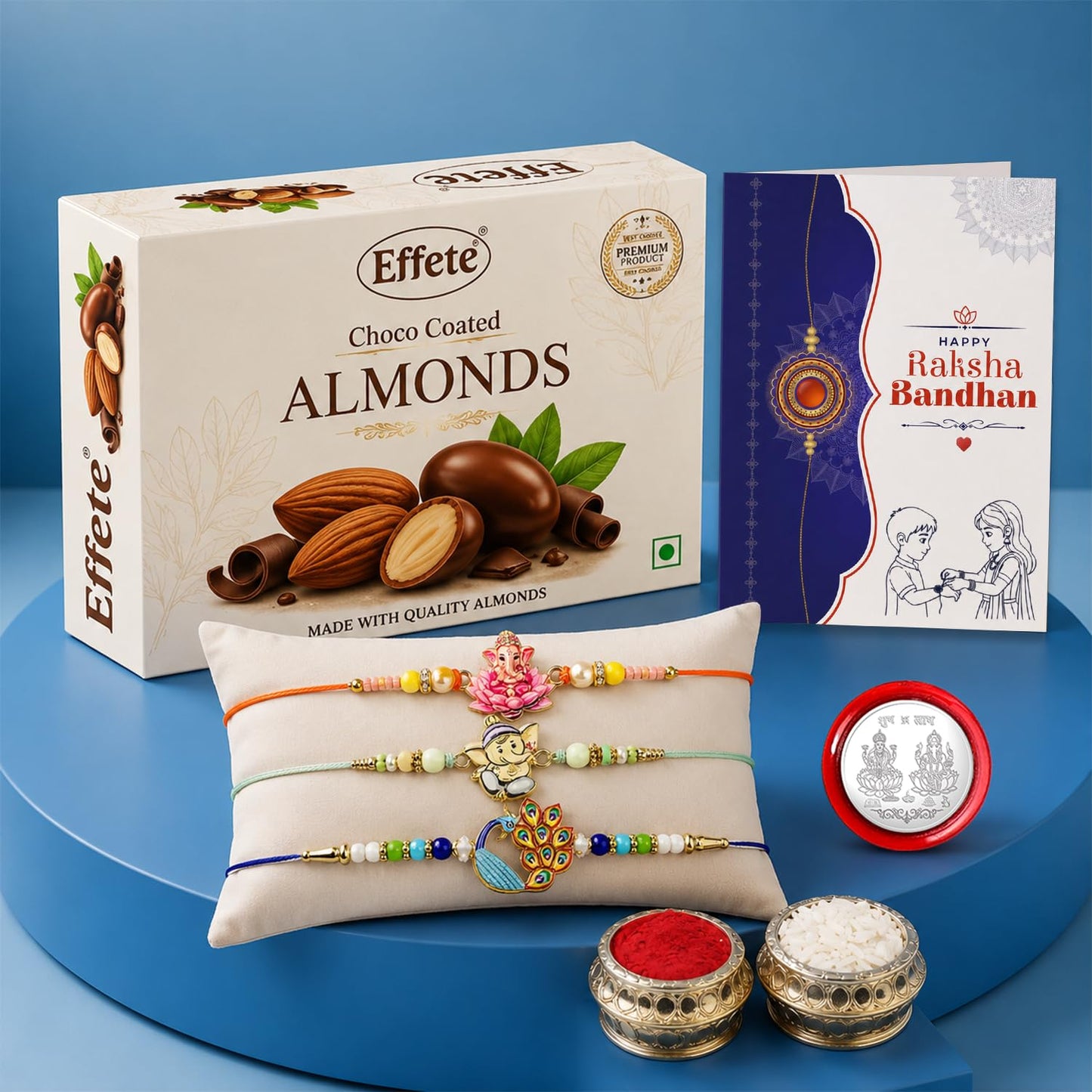 Ganesha, Peacock Rakhi Combo - Raksha Bandhan Gift with Choco Almonds 32gm, Pack of 7