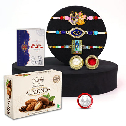 Cartoon Charm Rakhi for Brother with Choco Almonds 32gm, Coin & Card, Pack of 7