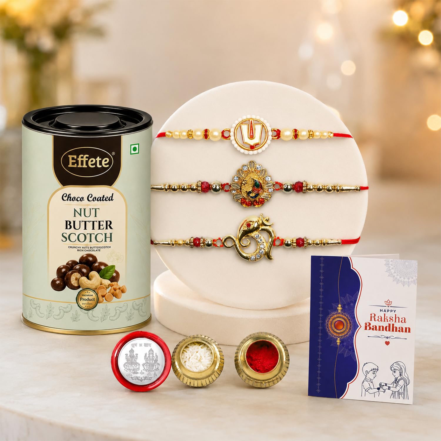Rakhi Set for Brother (Set of 7) – Balaji, Peacock & Ganesha Rakhi Combo with Chocolate, Roli Chawal, Silver Color Pooja Coin & Greeting Card – Raksha Bandhan Hamper (K3_1049+1030+1143_CA32)