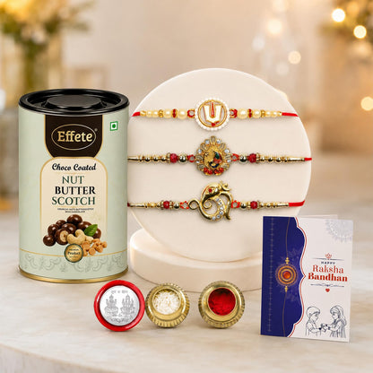 Rakhi Set for Brother (Set of 7) – Balaji, Peacock & Ganesha Rakhi Combo with Chocolate, Roli Chawal, Silver Color Pooja Coin & Greeting Card – Raksha Bandhan Hamper (K3_1049+1030+1143_CA32)