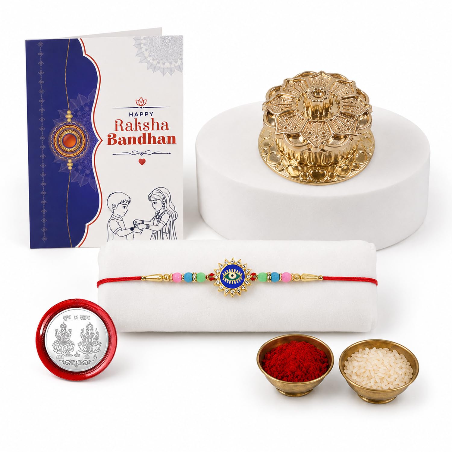 Evil Eye Multicolor Rakhi for Brother & Bhaiya with Golden Pooja | Pack of 5