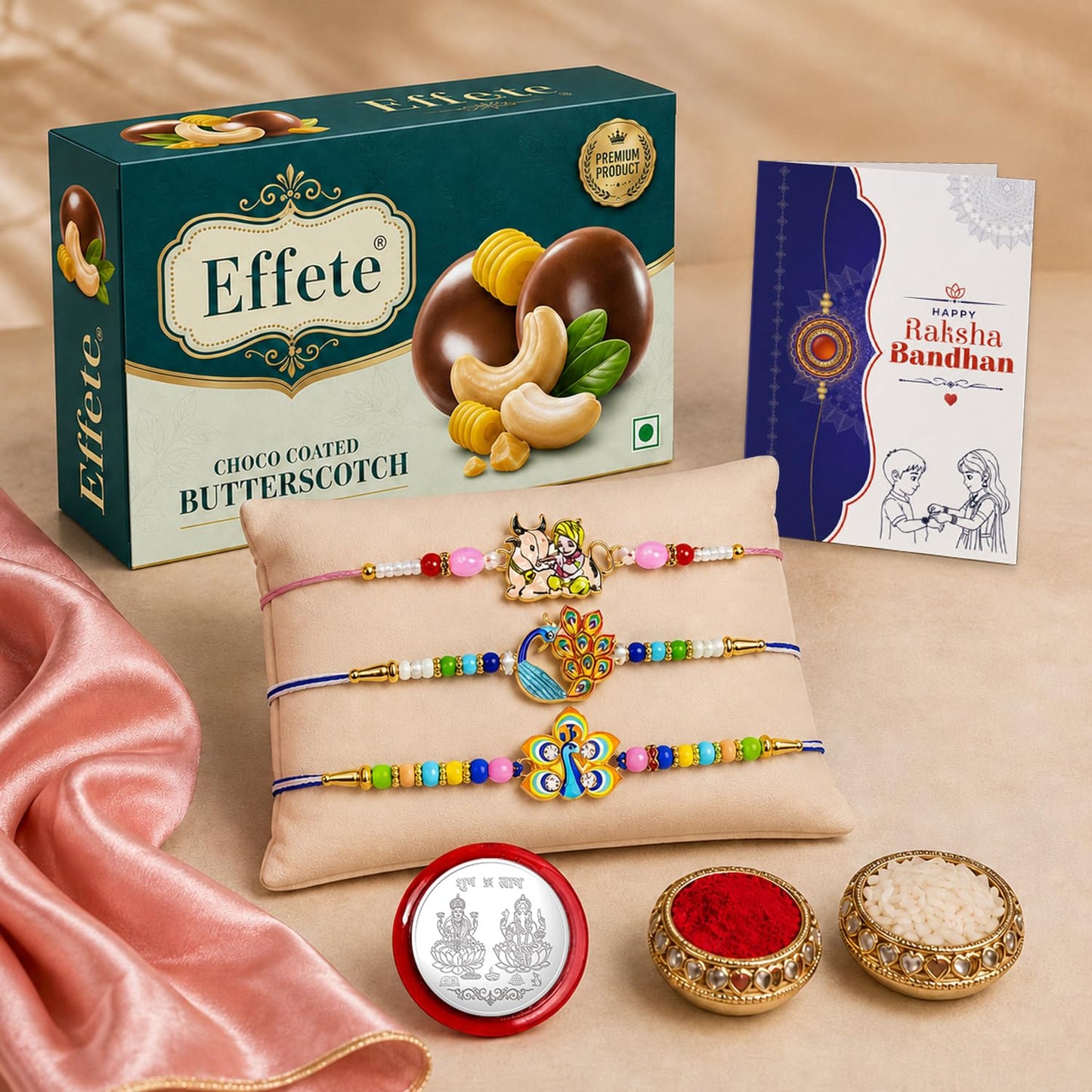 Krishna, Peacock Rakhi Combo - Raksha Bandhan Gift with Choco Butterscotch 32gm, Pack of 7