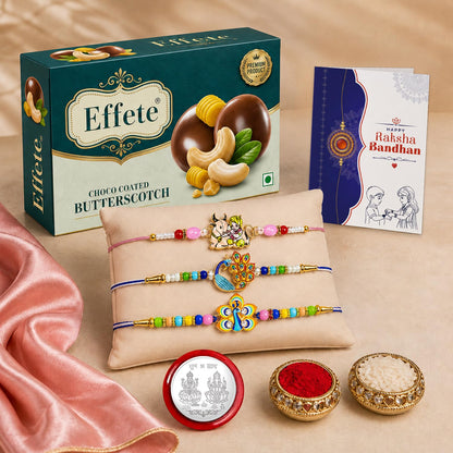 Krishna, Peacock Rakhi Combo - Raksha Bandhan Gift with Choco Butterscotch 32gm, Pack of 7