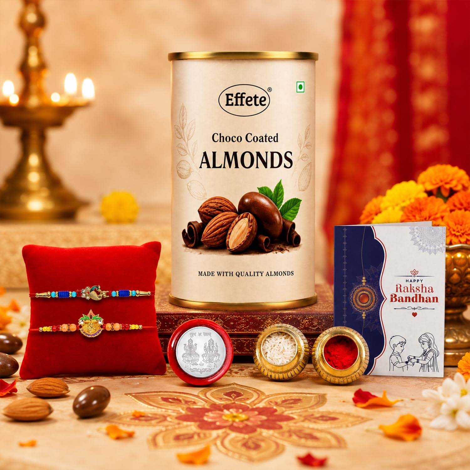 Festive Blessings Rakhi for Brother with Chocolate Almonds 96gm, Pack of 6