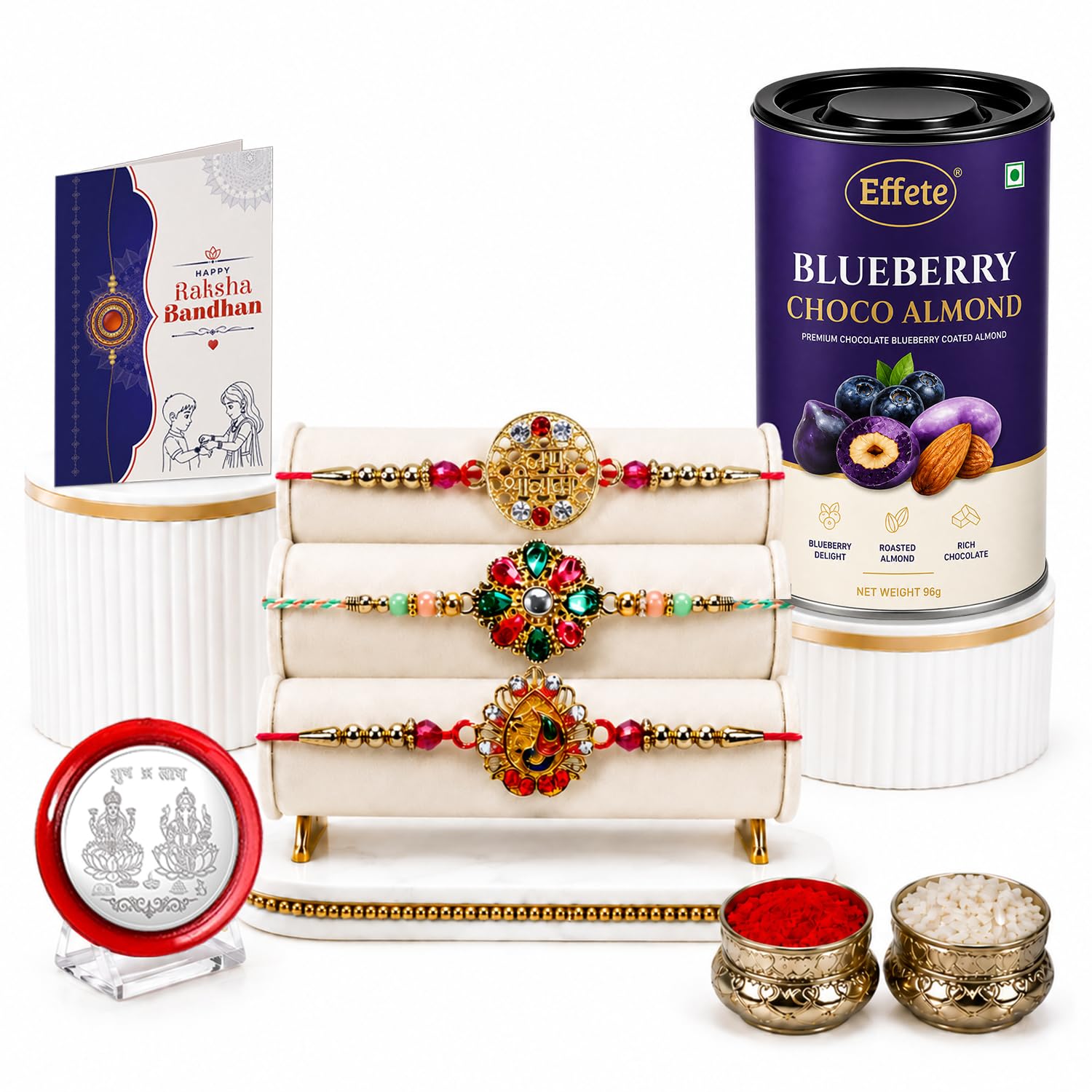 Rakhi with Chocolate for Brother (Set of 7) – Raksha Bandhan Festival Celebration with Jai Shree Ram, Flower & Leaf Shape Rakhi, Chocolate, Roli Chawal, Silver Color Coin & Greeting Card