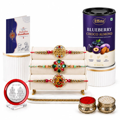 Rakhi with Chocolate for Brother (Set of 7) – Raksha Bandhan Festival Celebration with Jai Shree Ram, Flower & Leaf Shape Rakhi, Chocolate, Roli Chawal, Silver Color Coin & Greeting Card
