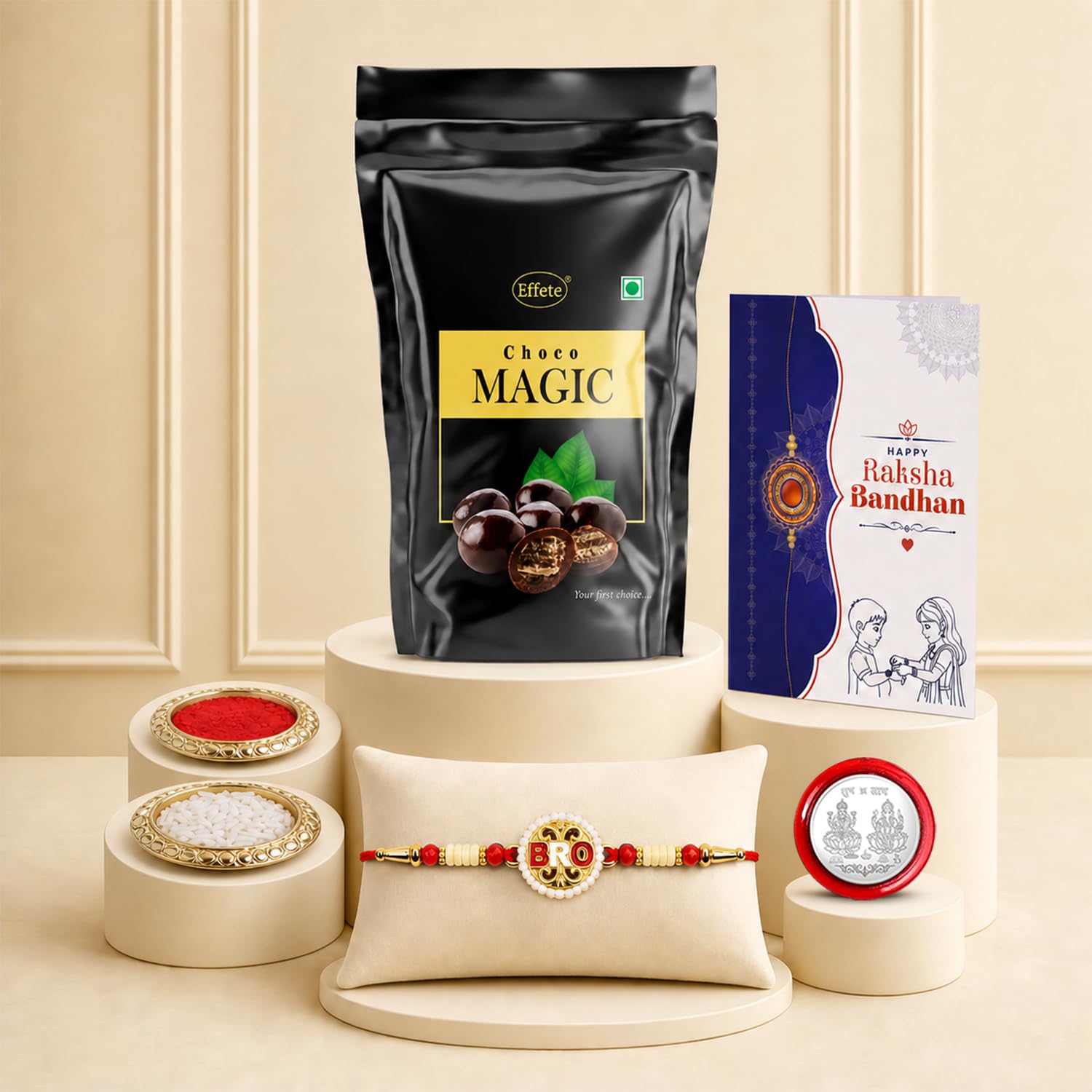 Bro Rakhi for Brother with Choco Magic Standy Pouch, Roli Tikka & Card, Pack of 5