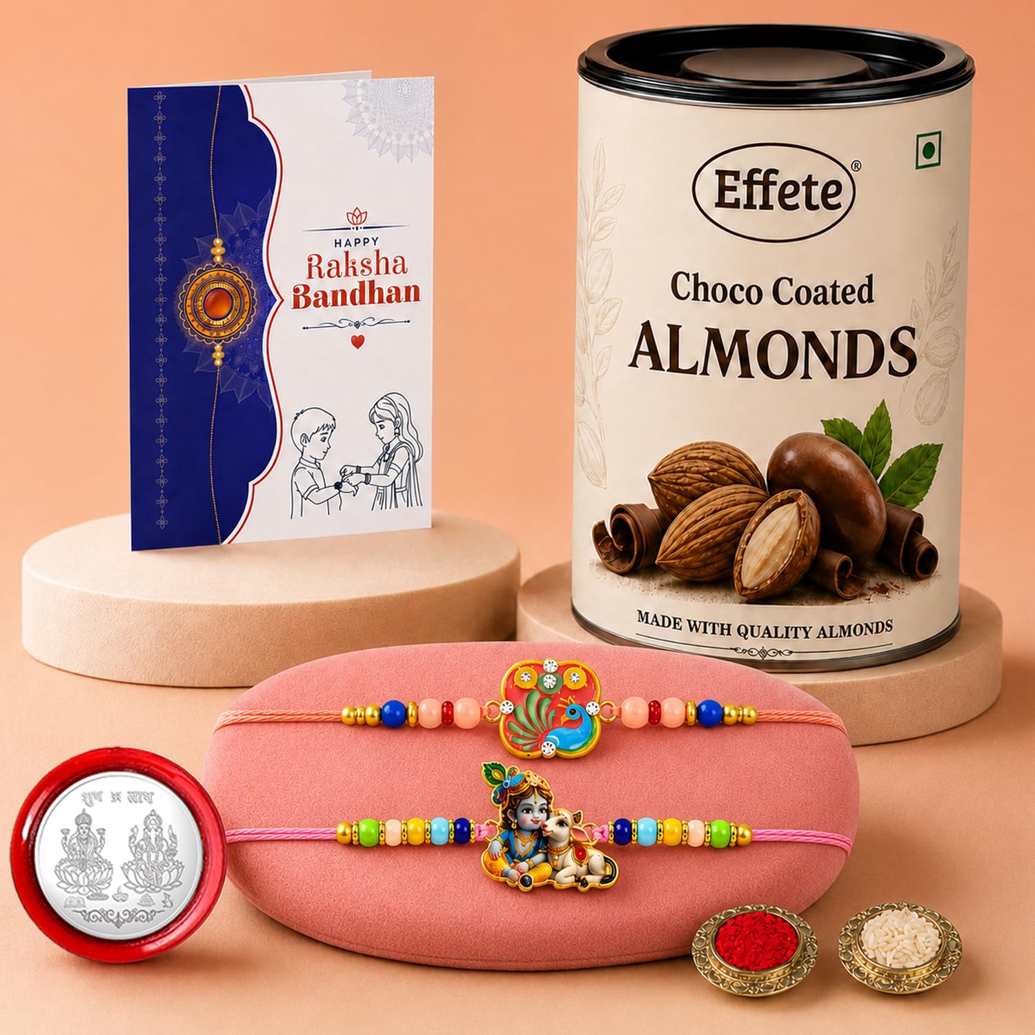 Peacock, Krishna Rakhi Combo - Raksha Bandhan Gift with Choco Almonds 96gm, Pack of 6