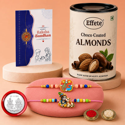 Peacock, Krishna Rakhi Combo - Raksha Bandhan Gift with Choco Almonds 96gm, Pack of 6