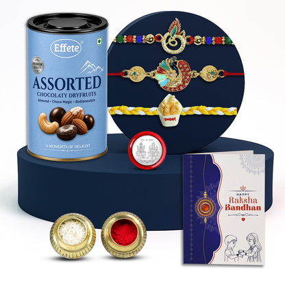 Rakhi with Chocolate for Brother (Set of 7) – Raksha Bandhan Festival Celebration Combo with Peacock, Round & Food Shape Rakhi, Chocolate, Roli Chawal, Silver Color Pooja Coin & Greeting Card