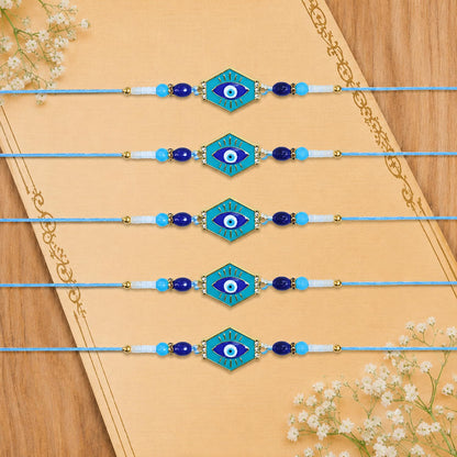 Designer Elegant Rakhi for Brother with Roli Tikka & Card, Pack of 5 | Classic