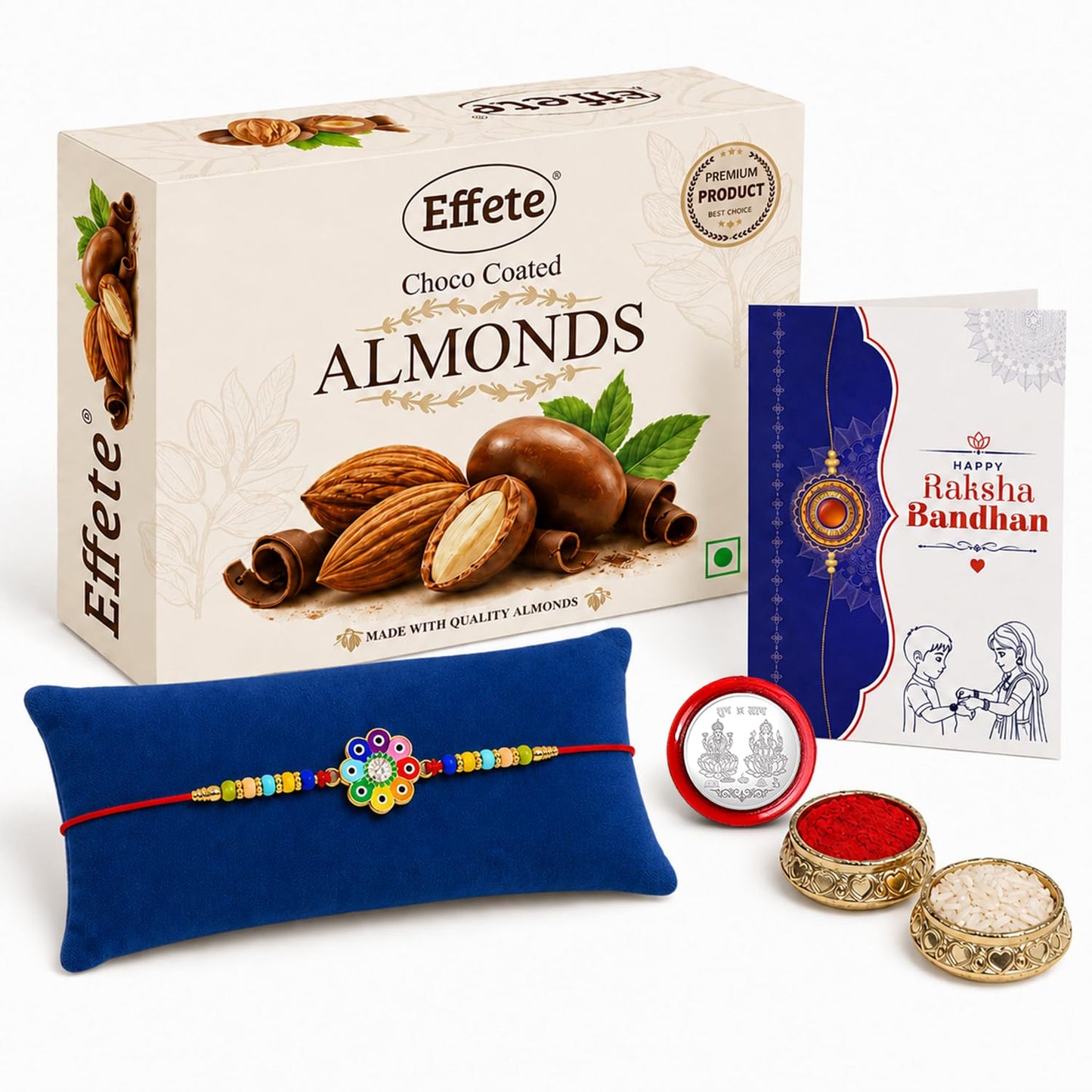 Flower Rakhi for Brother with Choco Almonds 32gm, Roli Tikka & Card, Pack of 5