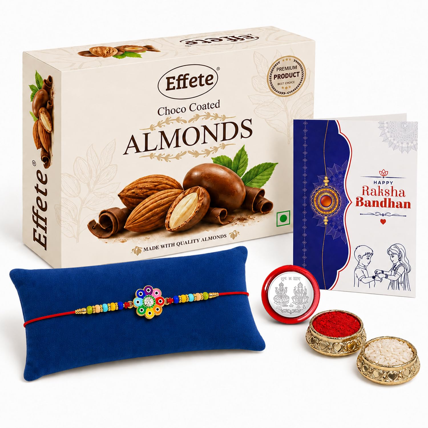 Flower Rakhi for Brother with Choco Almonds 32gm, Roli Tikka & Card, Pack of 5