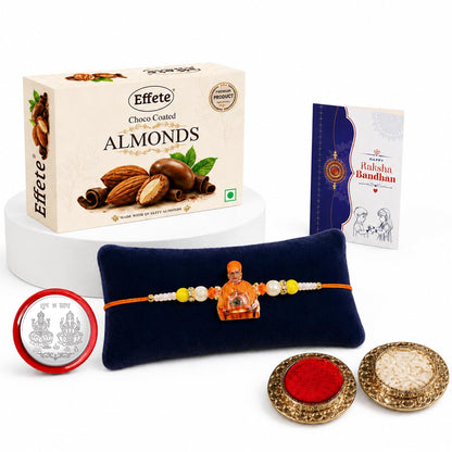 Swami Maharaj Rakhi for Brother with Choco Almonds 32gm, Coin & Card, Pack of 5