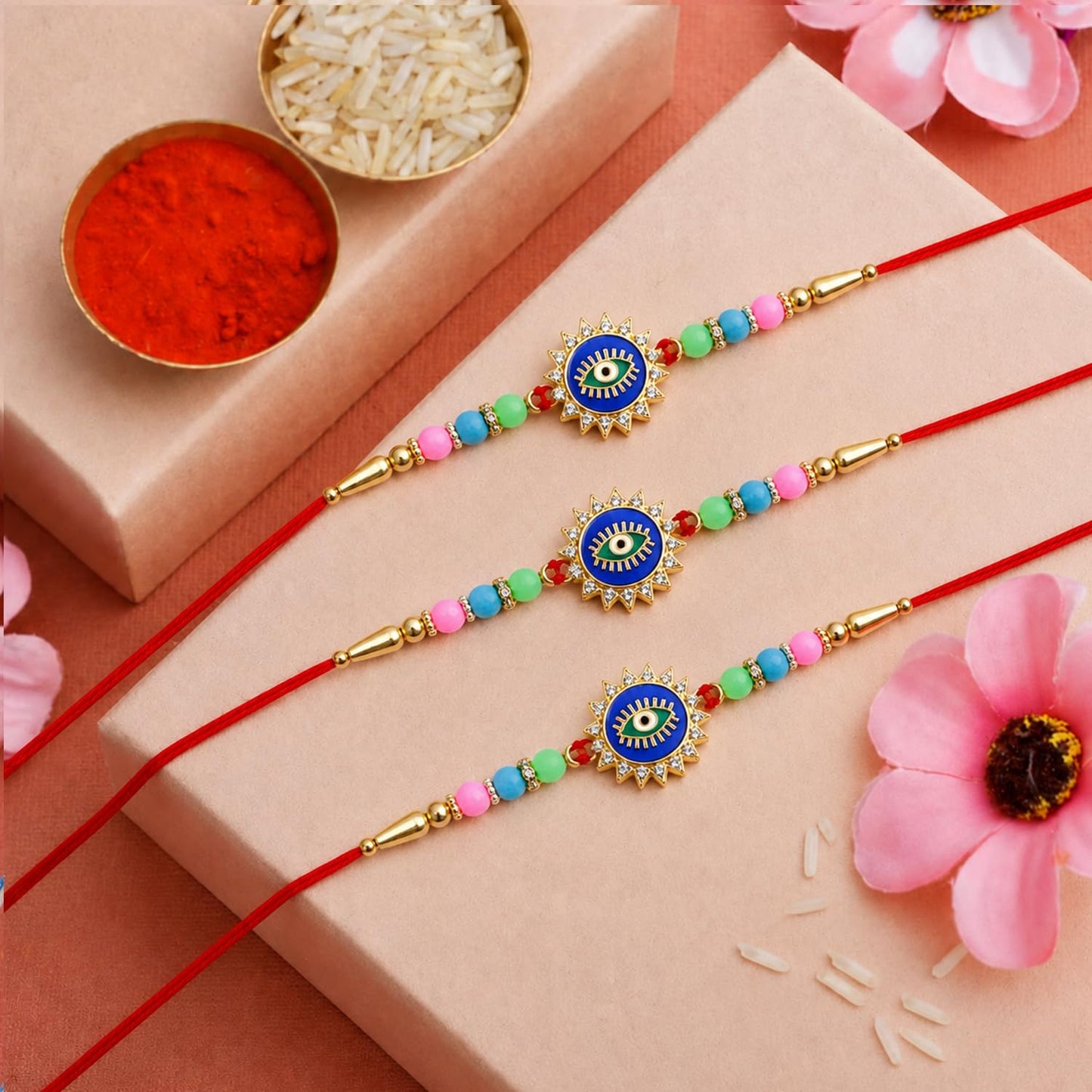 Designer Elegant Rakhi for Brother with Roli Tikka & Card, Pack of 3 | Premium