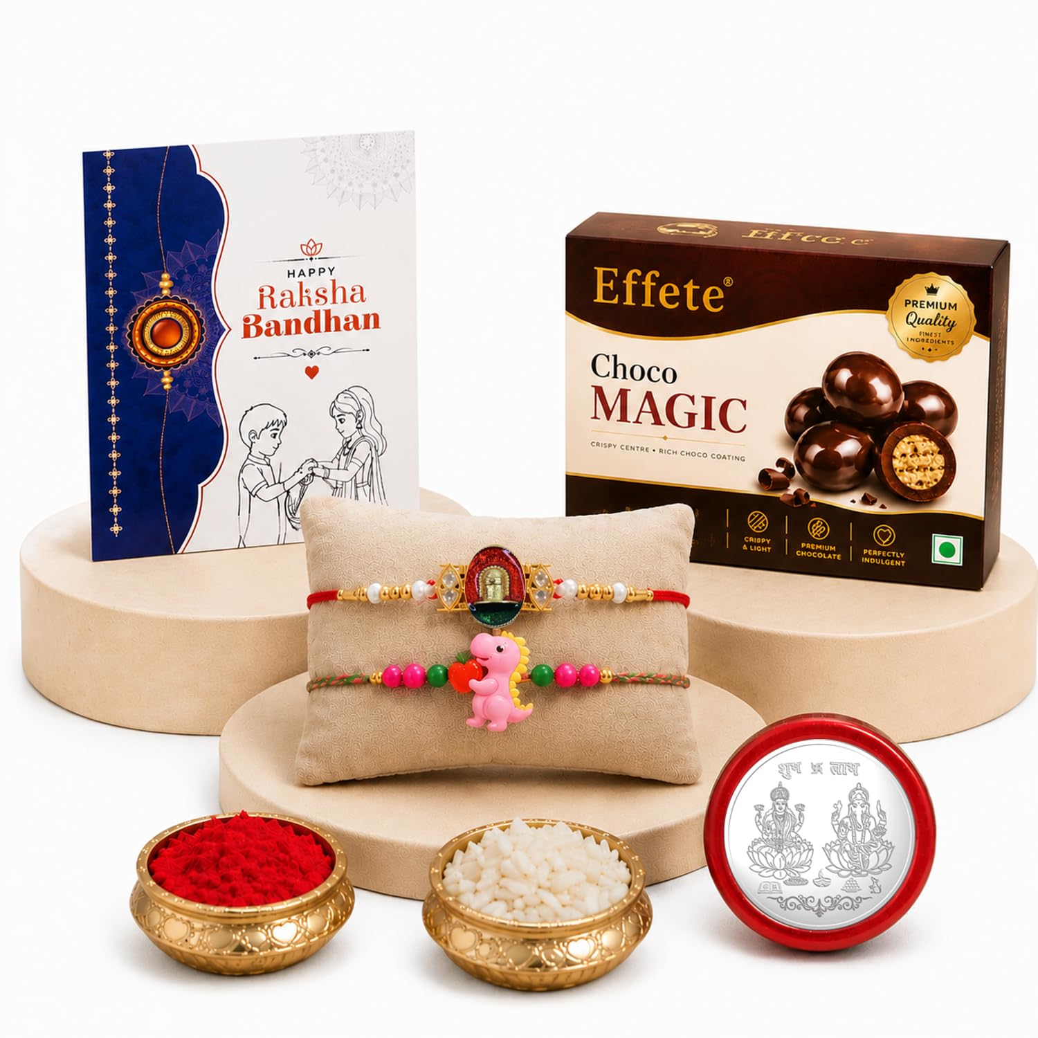 Designer Rakhi for Brother with Choco Magic 96gm, Roli Tikka & Card, Pack of 6
