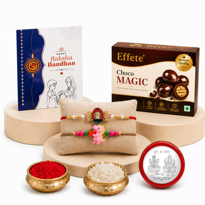 Designer Rakhi for Brother with Choco Magic 96gm, Roli Tikka & Card, Pack of 6