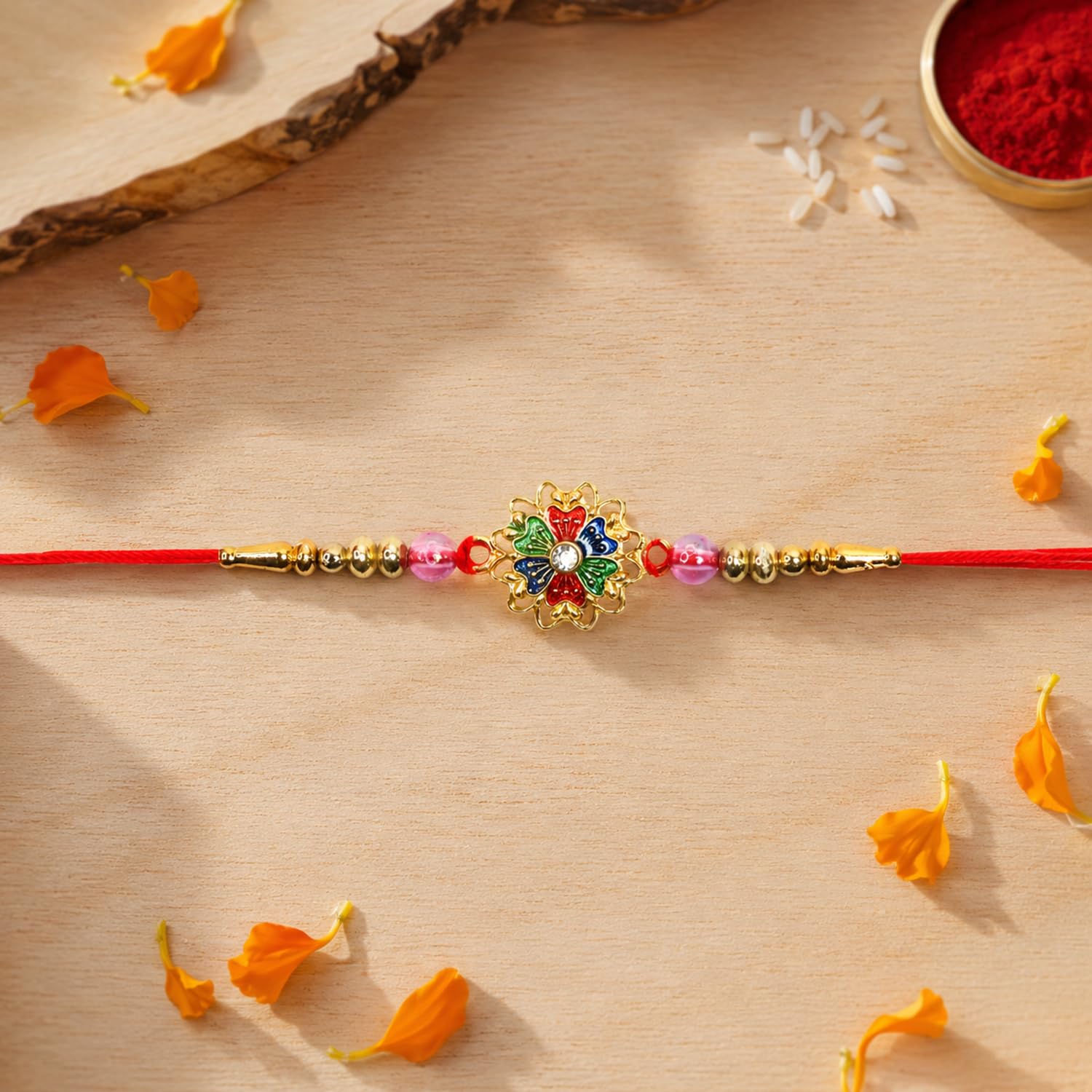 Floral Charm Rakhi for Brother with Hazelnut Wafer Rolls, Coin & Card, Pack of 6