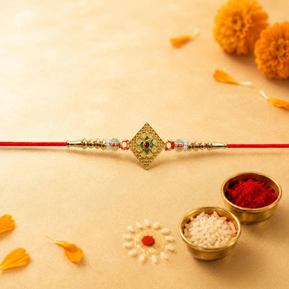 Stylish Rakhi for Brother with Choco Magic 96gm, Roli Chawal & Card, Pack of 5