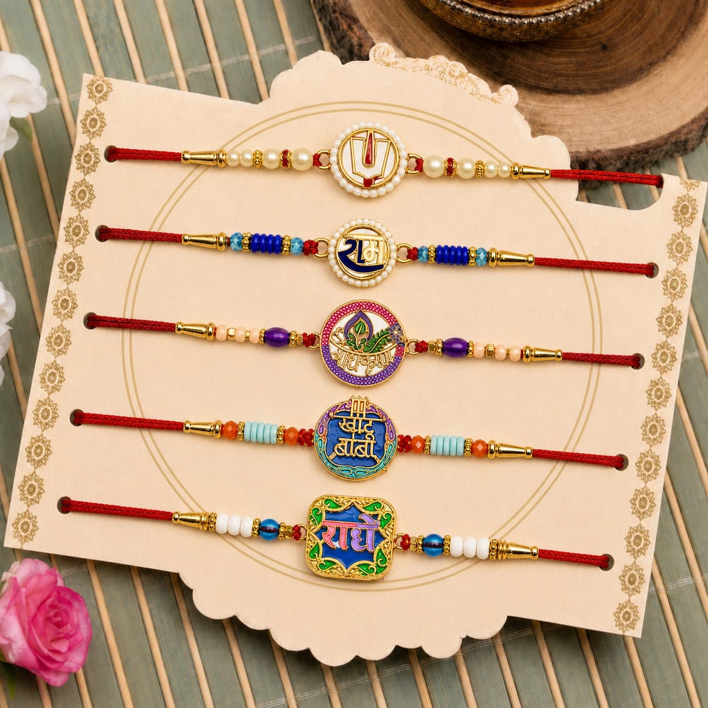 Elegant Ethnic Rakhi for Brother with Roli Tikka, Pooja Coin & Card, Pack of 8
