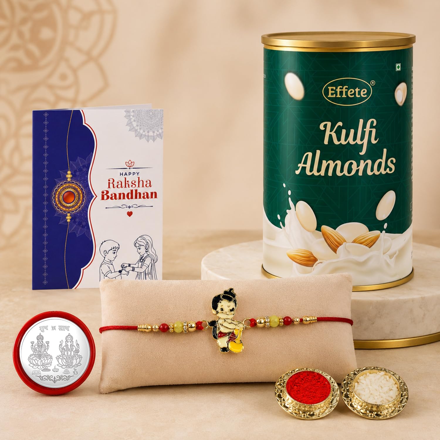 Bal Hanuman Rakhi for Brother with Kulfi Almonds 96gm, Coin & Card, Pack of 5