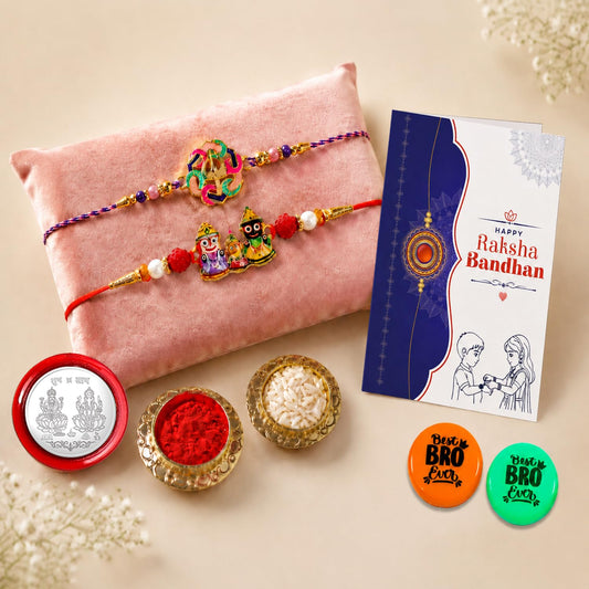 Shiva Trishul, Lord Jagannath Multicolor Rakhi Combo with Multicolour Decorative Magnets 2pcs, Roli Chawal, Silver Color Coin & Greeting Card |new Rakhi Collection | Fancy Rakhi |Pack of 7| For Raksha Bandhan